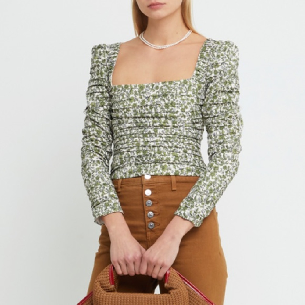 Smocked Square-Neck Floral Top in Olive Green